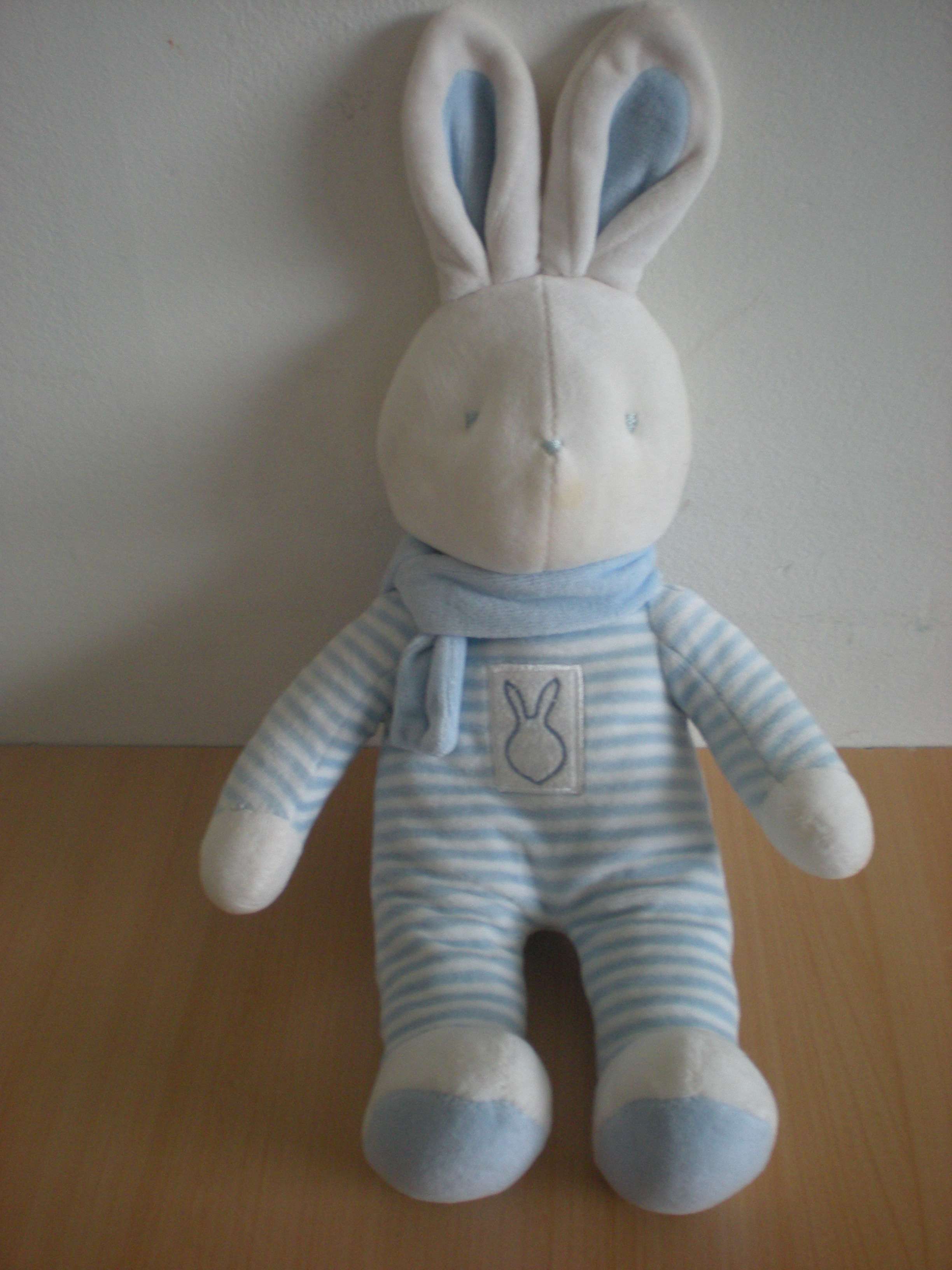 Doudou Lapin Klorane Rayé bleu blanc 