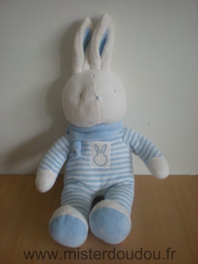 Doudou Lapin Klorane Rayé bleu blanc echarpe bleu Modèle tout en velours