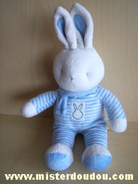 Doudou Lapin Klorane Rayé bleu blanc écharpe bleue 