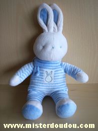 Doudou Lapin Klorane Rayé bleu blanc écharpe bleue 