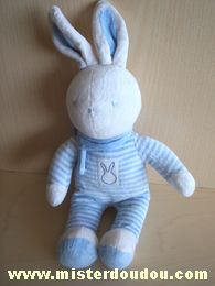 Doudou Lapin Klorane Rayé bleu blanc écharpe bleue 