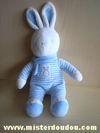 Doudou Lapin Klorane Rayé bleu blanc écharpe bleue Tout en velour