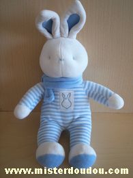 Doudou Lapin Klorane Rayé bleu blanc écharpe bleue 