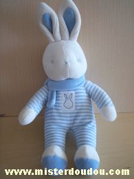 Doudou Lapin Klorane Rayé bleu blanc écharpe bleue 