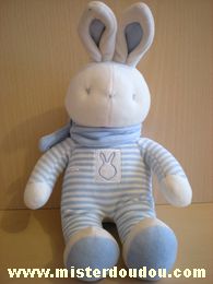 Doudou Lapin Klorane Rayé bleu blanc écharpe bleue 