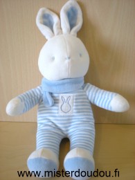 Doudou Lapin Klorane Rayé bleu blanc écharpe bleue 