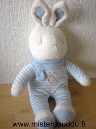 Doudou Lapin Klorane Rayé bleu blanc écharpe bleue 