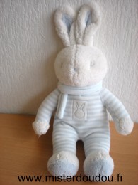 Doudou Lapin Klorane Rayé bleu blanc echarpe bleue 