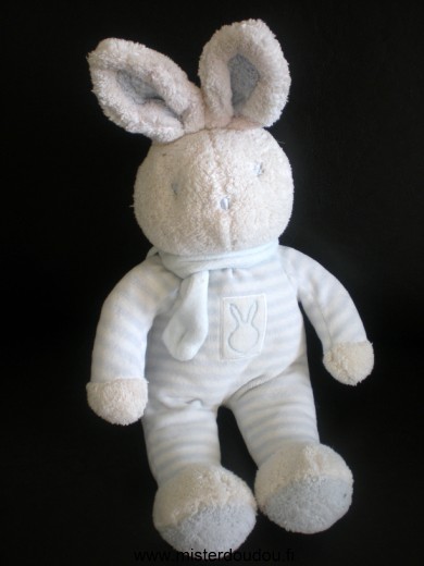 Doudou Lapin Klorane Rayé bleu blanc écharpe bleue 