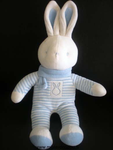 Doudou Lapin Klorane Rayé bleu blanc écharpe bleue Modèle tout en velours