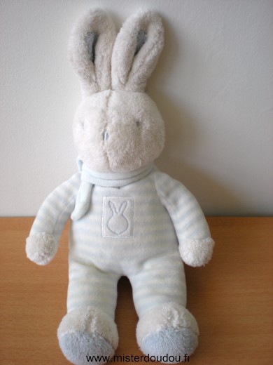 Doudou Lapin Klorane Rayé bleu blanc écharpe bleue 