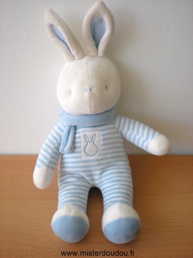 Doudou Lapin Klorane Rayé bleu blanc echarpe bleue 