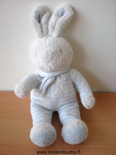 Doudou Lapin Klorane Rayé bleu blanc echarpe bleue 