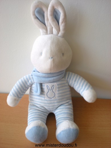 Doudou Lapin Klorane Rayé bleu blanc echarpe bleue 