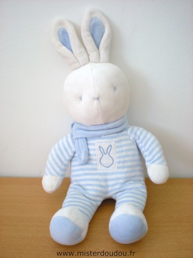 Doudou Lapin Klorane Rayé bleu blanc echarpe bleue Tout en velours