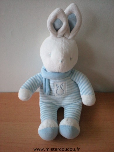 Doudou Lapin Klorane Rayé bleu blanc echarpe bleue Modèle tout en velours