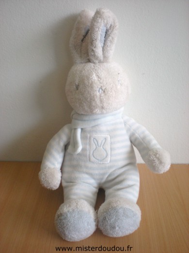 Doudou Lapin Klorane Rayé bleu blanc écharpe bleue Tête mains pieds ne sont pas en velours