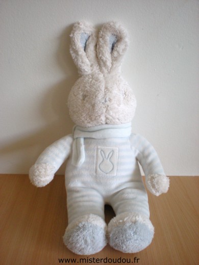 Doudou Lapin Klorane Rayé bleu blanc echarpe bleue 