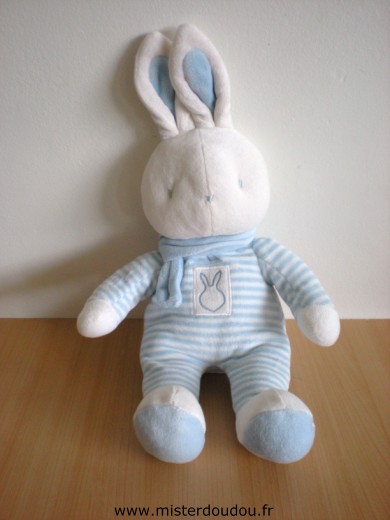 Doudou Lapin Klorane Rayé bleu blanc écharpe bleue Tout en velours