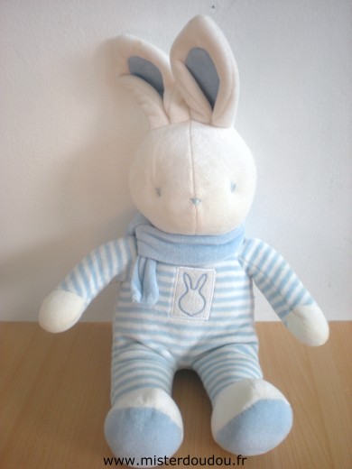 Doudou Lapin Klorane Rayé bleu blanc écharpe bleue 