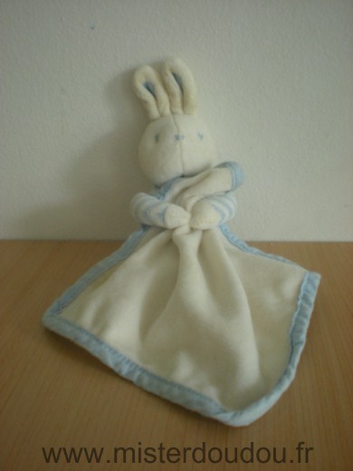 Doudou Lapin Klorane Raye bleu blanc mouchoir blanc 