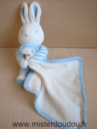 Doudou Lapin Klorane Rayé bleu blanc mouchoir blanc 