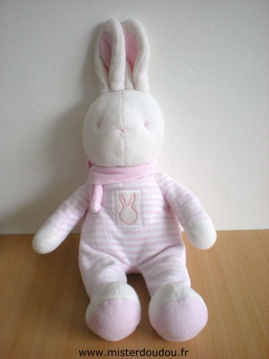 Doudou Lapin Klorane Rayé rose blanc écharpe blanche Tout en velours