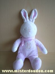 Doudou Lapin Klorane Rayé rose blanc écharpe rose Tout en velours