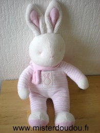 Doudou Lapin Klorane Rayé rose blanc écharpe rose Modèle tout en velours