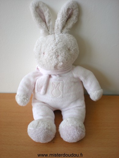 Doudou Lapin Klorane Rayé rose blanc echarpe rose 