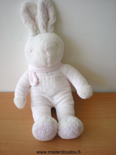 Doudou Lapin Klorane Rayé rose blanc écharpe rose 