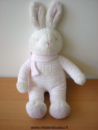 Doudou Lapin Klorane Rayé rose blanc echarpe rose 