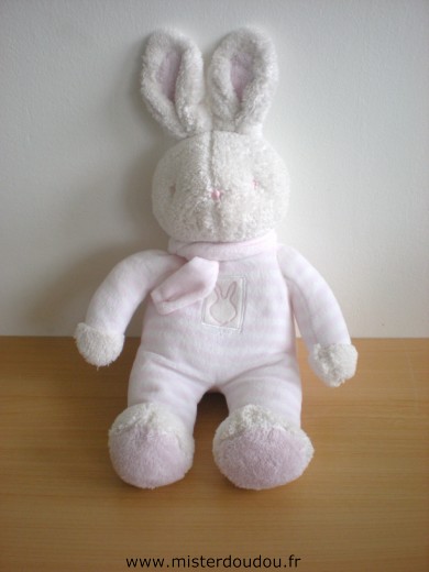 Doudou Lapin Klorane Rayé rose blanc echarpe rose 