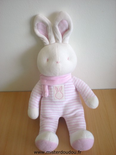 Doudou Lapin Klorane Rayé rose blanc écharpe rose Tout en velours