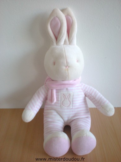 Doudou Lapin Klorane Rayé rose blanc écharpe rose Tout en velours