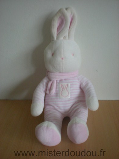 Doudou Lapin Klorane Rayé rose blanc echarpe rose Modèle tout en velours