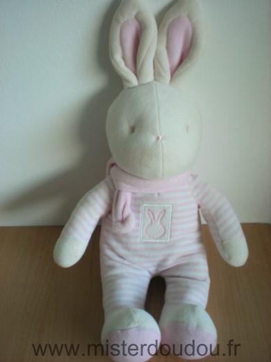 Doudou Lapin Klorane Raye rose blanc velours 