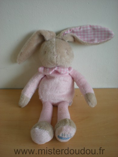 Doudou Lapin Klorane Rose beige oreilles vichy rose 