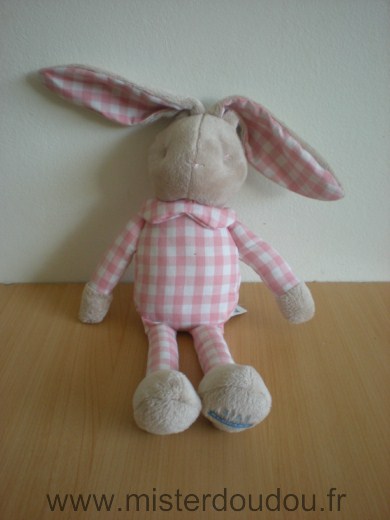 Doudou Lapin Klorane Rose blanc beige carreaux 