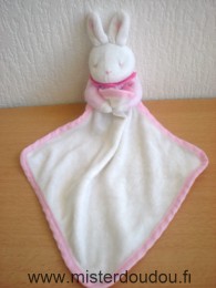 Doudou Lapin Klorane Rose blanc col rose mouchoir blanc 