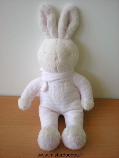 Doudou Lapin Klorane Rose blanc rayé echarpe rose 