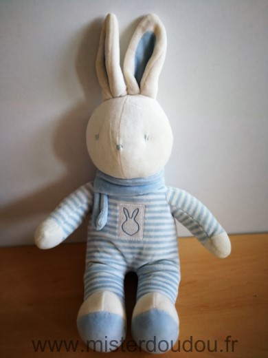 Doudou Lapin Klorane Velours bleu blanc rayures 