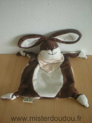 Doudou Lapin Les petites marie Blanc marron foulard raye beige blanc 