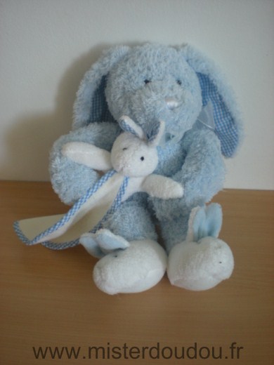 Doudou Lapin Maxita Bleu tenant bébé lapin blanc avec mouchoir blanc 