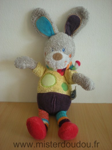 Doudou Lapin Mots d enfants Gris jaune violet echarpe rayee 