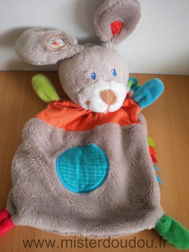 Doudou Lapin Mots d enfants Gris orange rond bleu echarpe rayee 