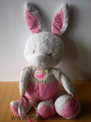 Doudou Lapin Mots d enfants Gris rose motif oiseau 