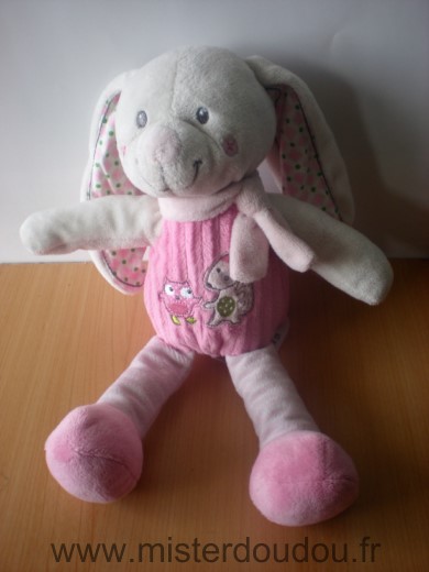 Doudou Lapin Mots d enfants Rose blanc motif hibou ecureuil 