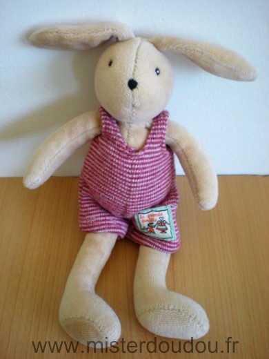 Doudou Lapin Moulin roty Beige salopette rayée rouge blanc 