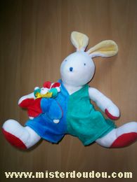 Doudou Lapin Moulin roty Blanc salopette bleue et verte 